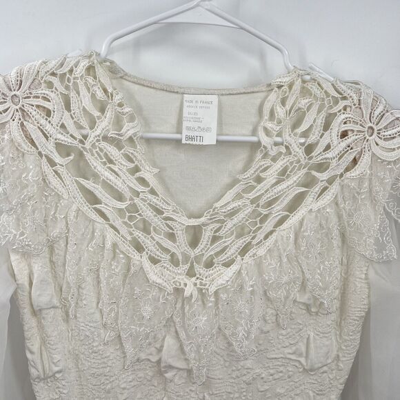 VTG Bhatti France Lace Ruffle Bodysuit Shoulder Pads Victorian S/M Classy - Picture 3 of 16